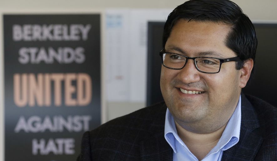 Berkeley Mayor Jesse Arreguin poses for photos in his office while being interviewed in Berkeley, Calif., Monday, Aug. 28, 2017. An anti-hate&amp;#160;rally&amp;#160;on Sunday was disrupted when scores of anarchists wearing black clothing and masks stormed the demonstration in Berkeley and attacked several supporters of President Donald Trump. But police were able to head off any wider violence. (AP Photo/Jeff Chiu)