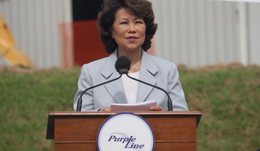 U.S. Transportation Secretary Elaine Chao commends the use of a public-private partnership to build a 16-mile light rail project called the Purple Line during a groundbreaking ceremony on Monday, Aug. 28, 2017 in Hyattsville, Md. Chao said the department is focused on making it easier for states to use public-private partnerships to build expensive infrastructure projects. (AP Photo/Brian Witte)