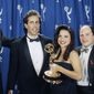 The cast of the television show “Seinfeld” (l-r) Michael Richards, Jerry Seinfeld, Julia Louise-Dreyfus, and Jason Alexander pose backstage with their awards at the 45th Annual Emmy Awards on Sunday, Sept. 19, 1993, in Pasadena, Calif. (AP Photo/Douglas C. Pizac) ** FILE **