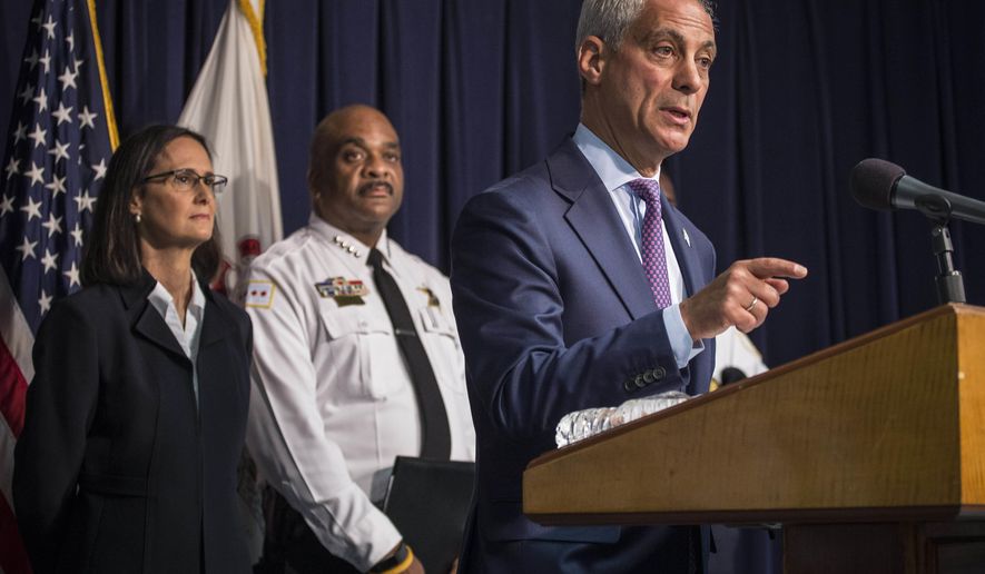 Chicago Mayor Rahm Emanuel, accompanied by Illinois Attorney General Lisa Madigan and Police Superintendent Eddie Johnson speaks at a news conference Tuesday, Aug. 29, 2017 in Chicago. Madigan filed a lawsuit Tuesday seeking federal court oversight over the Chicago Police Department. Chicago is changing course and now wants to implement reforms of its police department under federal court supervision.(Rich Hein/Sun Times via AP)