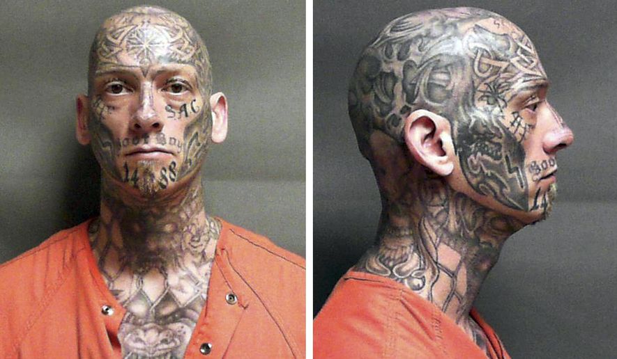 This pair of undated identification photos released by the U.S. Marshal's Office shows Eric Judkins, an inmate at a halfway house in Manchester, N.H., who failed to return to the facility Monday night, Aug. 28, 2017. Officials are seeking the public's help in finding the heavily tattooed escaped inmate, with designs covering his shaved head, face, neck, chest, arm and hands. (U.S. Marshal's Office via AP)