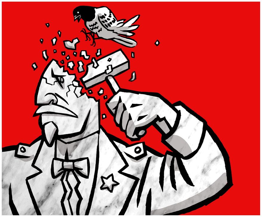 Illustration on the self-destructiveness of the left by Alexandwer Hunter/The Washington Times