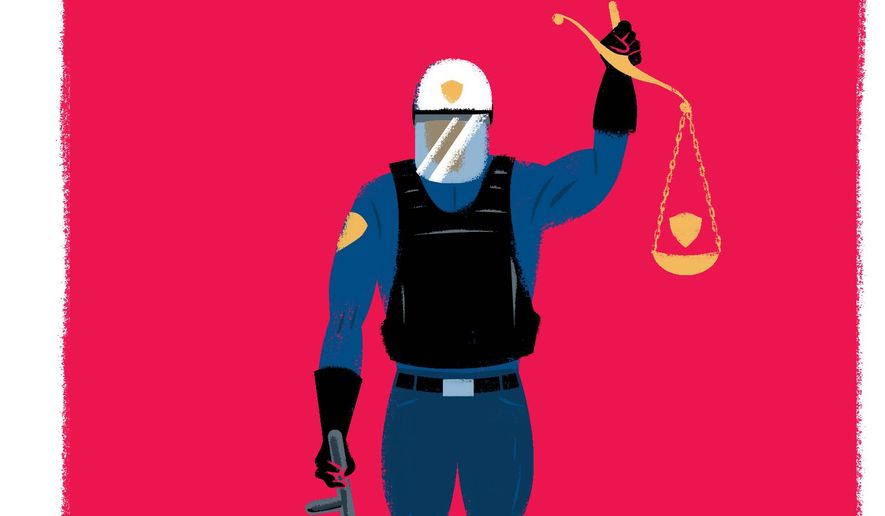 Illustration on the skewing of justice under increased police powers by Linas Garsys/The Washington Times