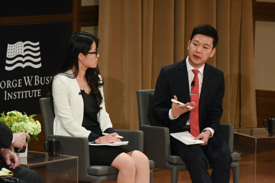 In November, Grace Jo and Joseph Kim, both North Korean refugees, spoke at the "Light Through Darkness" conference at the George W. Bush Presidential Center in Dallas. Photo credit: Grant Miller for the George W. Bush Presidential Center.