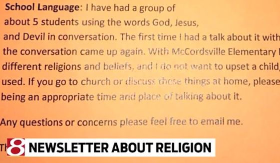 A first-grade teacher at McCordsville Elementary School in Indiana stirred controversy after sending a letter home to parents asking them to tell their children not to talk about God in the classroom. (WISH-TV)