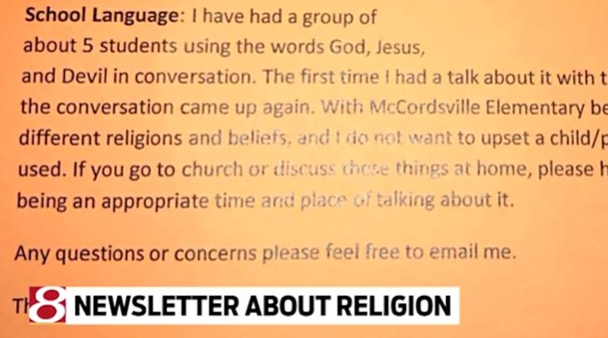 A first-grade teacher at McCordsville Elementary School in Indiana stirred controversy after sending a letter home to parents asking them to tell their children not to talk about God in the classroom. (WISH-TV)