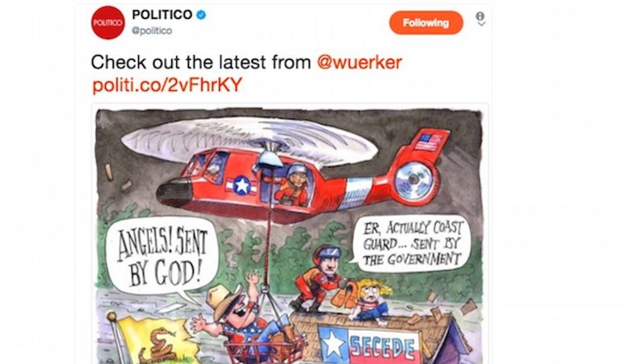 Radio host Buck Sexton shares a tweet by Politico on Aug. 30, 2017. The work by cartoonist Matt Wuerker was deleted soon afterward. (Twitter, Buck Sexton)