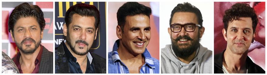 This combination photo shows Bollywood actors, from left, Shah Rukh Khan, Salman Khan, Akshay Kumar, Aamir Khan and Hrithik Roshan, who were named the top earning Bollywood actors by Forbes magazine. All the data, which includes revenue from endorsements, advertising and product lines, is from between June, 2016 to June, 2017, before fees and taxes. (AP Photo/File)