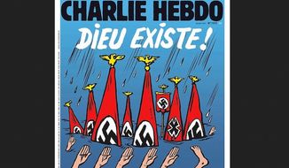 The latest issue of Charlie Hebdo, the French satirical newspaper that was attacked by terrorist in 2015, depicts Hurricane Harvey flood victims in Texas as Nazis. (Image: Charlie Hebdo)