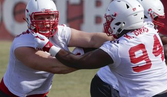 FILE - In this March 4, 2017, file photo, Nebraska defensive linemen Mick Stoltenberg, left, and Khalil Davis, right, perform a drill on the first day of NCAA college football spring practice in Lincoln, Neb. “Opposing offenses have a lot more to prepare for (when defenses are using a 3-4),” Stoltenberg said. “You’re blitzing from a lot of different looks and from a lot of different fronts, and it’s something maybe most teams aren’t used to practicing against if their defense is a 4-3 or whatever.” (AP Photo/Nati Harnik, File)