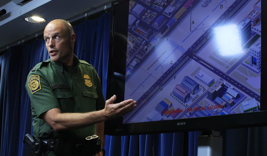 U.S. Customs and Border Protection Acting Deputy Commissioner Ronald Vitiello, shows a concept illustration of an enforcement zone of the U.S.-Mexico border during a news conference announcing the selected vendors for construction of the concrete wall prototypes for the border wall Thursday, Aug. 31, 2017 in Washington. (AP Photo/Manuel Balce Ceneta)
