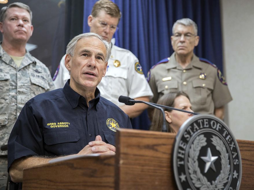 In this Aug. 30, 2017, file photo, Texas Gov. Greg Abbott speaks during a press briefing the State of Texas Emergency Command Center at Department of Public Safety headquarters in Austin, Texas. (Ricardo B. Brazziell/Austin American-Statesman via AP, File)