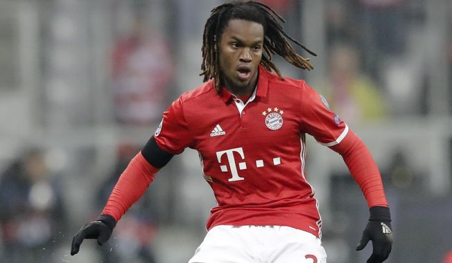 FILE- In this Tuesday, Dec. 6, 2016 file photo, Bayern&#x27;s Renato Sanches plays the ball during the Champions League Group D soccer match between FC Bayern Munich and Atletico Madrid in Munich, Germany. Portugal winger Renato Sanches left Bayern Munich to join Swansea on loan in the most improbable signing on the final day of Europe’s transfer window, upstaging high-profile signings by Premier League teams Liverpool and Tottenham on Thursday, Aug. 31, 2017. (AP Photo/Matthias Schrader, File)