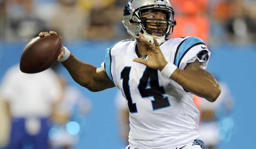 Carolina Panthers' Joe Webb (14) looks to pass against the Pittsburgh Steelers in the second half of an NFL preseason football game in Charlotte, N.C., Thursday, Aug. 31, 2017. (AP Photo/Mike McCarn)