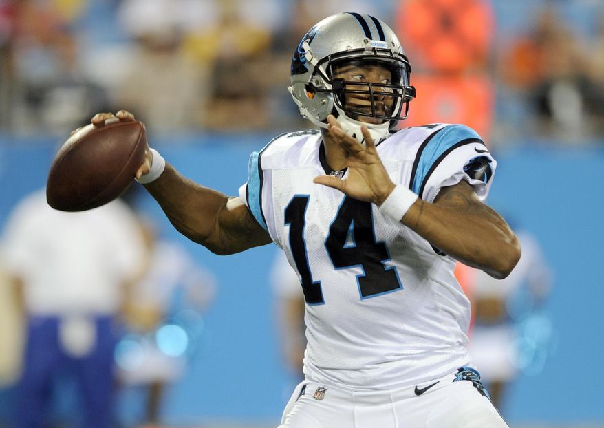 Carolina Panthers' Joe Webb (14) looks to pass against the Pittsburgh Steelers in the second half of an NFL preseason football game in Charlotte, N.C., Thursday, Aug. 31, 2017. (AP Photo/Mike McCarn)