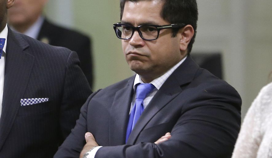 FILE - In this June 15, 2014, file photo, Jimmy Gomez, D-Los Angeles appears at the Capitol in Sacramento, Calif. Gomez, who was elected to Congress in June, sent more than 200,000 pieces of mail to constituents last winter. (AP Photo/Rich Pedroncelli, File)