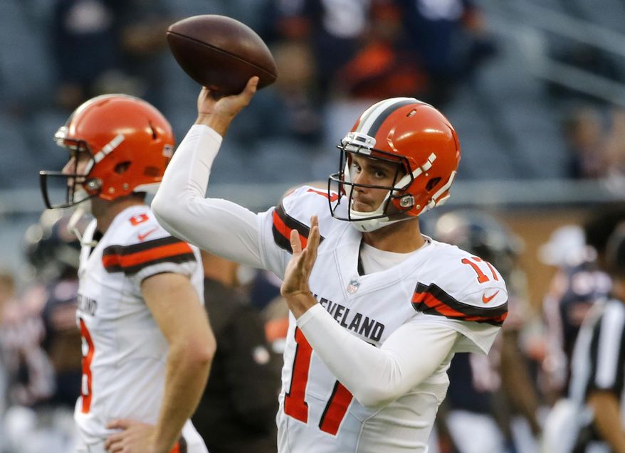 Cleveland Browns quarterback Brock Osweiler (17) warms up before an NFL football game Chicago Bears, Thursday, Aug. 31, 2017, in Chicago. (AP Photo/Charles Rex Arbogast)