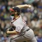 Washington Nationals starting pitcher Tanner Roark throws to a Milwaukee Brewers batter during the first inning of a baseball game Friday, Sept. 1, 2017, in Milwaukee. (AP Photo/Jeffrey Phelps)
