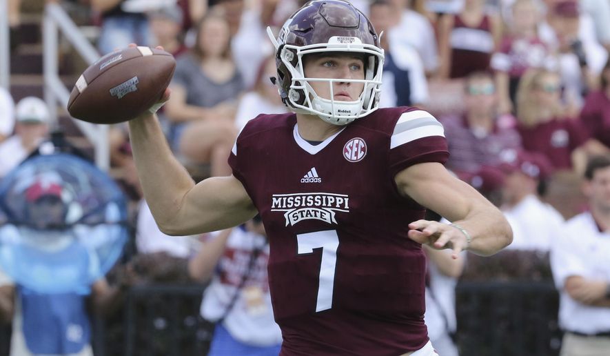 Mississippi State quarterback Nick Fitzgerald (7) prepares to pass the ball during the first half of an NCAA college football game against Charleston Southern in Starkville, Miss., Saturday, Sept. 2, 2017. (AP Photo/Jim Lytle)