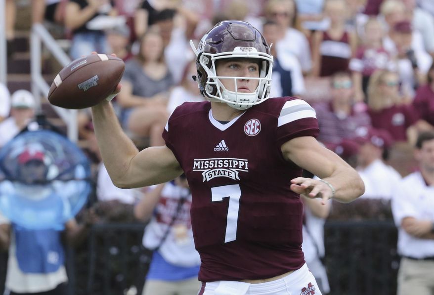 Mississippi State quarterback Nick Fitzgerald (7) prepares to pass the ball during the first half of an NCAA college football game against Charleston Southern in Starkville, Miss., Saturday, Sept. 2, 2017. (AP Photo/Jim Lytle)