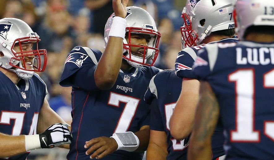 New England Patriots quarterback Jacoby Brissett (7) celebrates with teammates after running for a touchdown against the New York Giants during the second half of an NFL preseason football game, Thursday, Aug. 31, 2017, in Foxborough, Mass. (AP Photo/Winslow Townson)