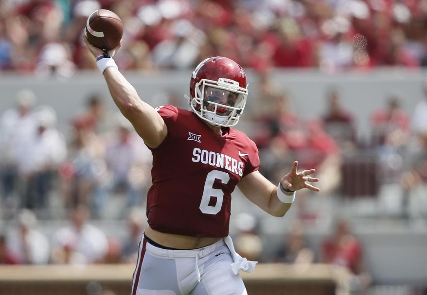 Oklahoma quarterback Baker Mayfield (6) throws in the first quarter of an NCAA college football game against UTEP in Norman, Okla., Saturday, Sept. 2, 2017. (AP Photo/Sue Ogrocki)