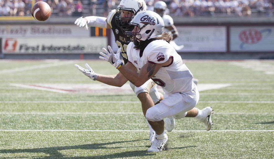 Montana wide receiver Jerry Louie-McGee (16) catches a pass for a touchdown past Valparaiso defensive back Josmar Diaz-Martinez (28) during the second half of an NCAA college football game Saturday, Sept. 2, 2017, in Missoula, Mont. Montana beat Valparaiso 45-23. (AP Photo/Patrick Record)