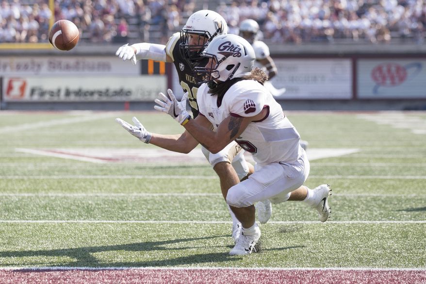Montana wide receiver Jerry Louie-McGee (16) catches a pass for a touchdown past Valparaiso defensive back Josmar Diaz-Martinez (28) during the second half of an NCAA college football game Saturday, Sept. 2, 2017, in Missoula, Mont. Montana beat Valparaiso 45-23. (AP Photo/Patrick Record)