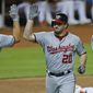 Washington Nationals&#39; Daniel Murphy (20) is congratulated by Ryan Zimmerman (11) after Murphy hit a home run during the third inning of a baseball game against the Miami Marlins, Monday, Sept. 4, 2017, in Miami. (AP Photo/Wilfredo Lee)
