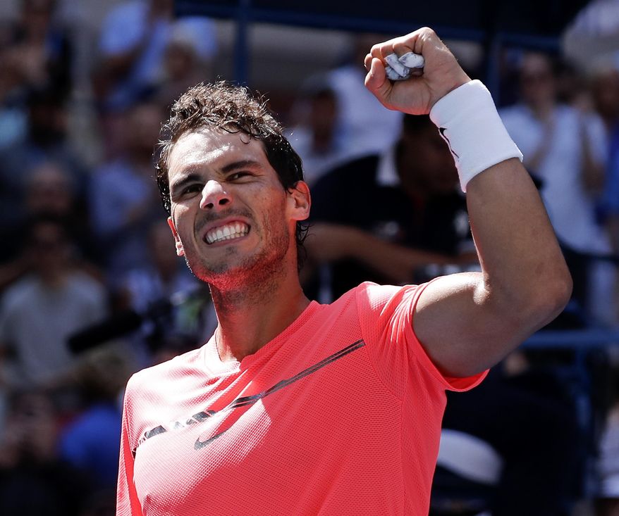 Rafael Nadal, of Spain, celebrates after beating Alexandr Dolgopolov, of Ukraine, during the fourth round of the U.S. Open tennis tournament, Monday, Sept. 4, 2017, in New York. (AP Photo/Julie Jacobson)
