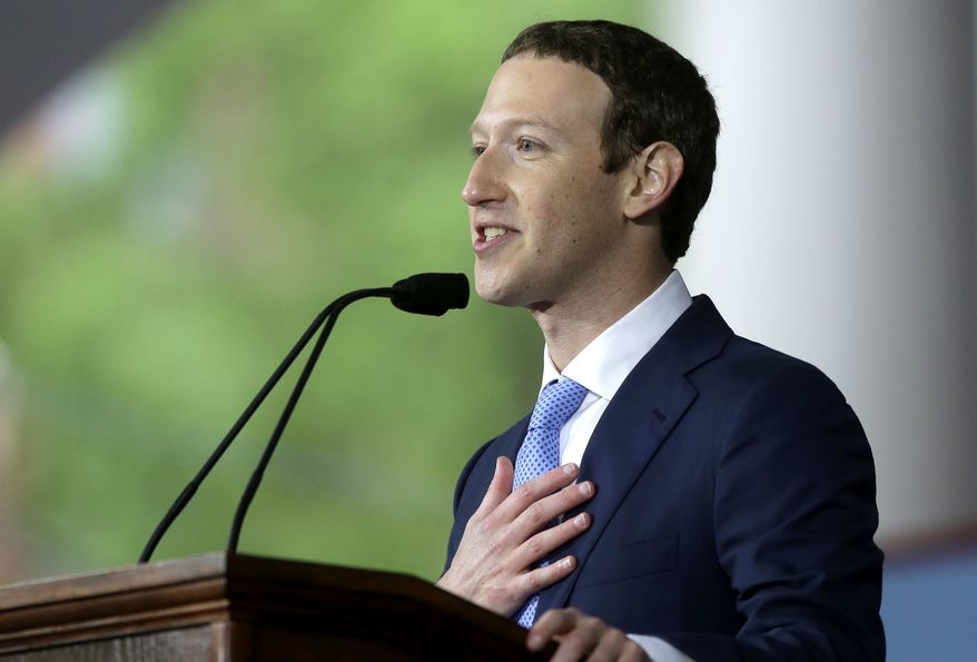In this May 25, 2017, file photo, Facebook CEO Mark Zuckerberg delivers the commencement address at Harvard University commencement exercises in Cambridge, Mass. (AP Photo/Steven Senne, File)