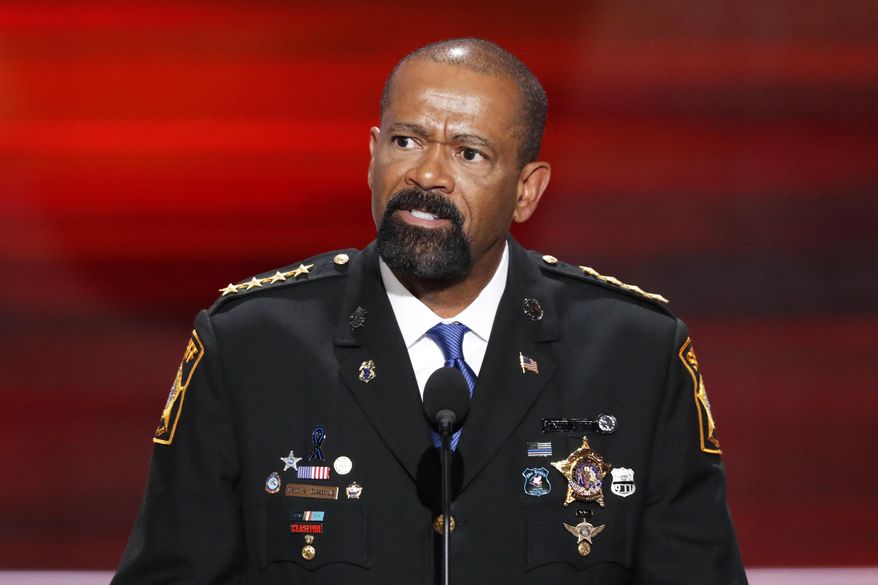 In this July 18, 2016, file photo, former Milwaukee County, Wis. Sheriff David Clarke speaks at the Republican National Convention in Cleveland. (AP Photo/J. Scott Applewhite, File)