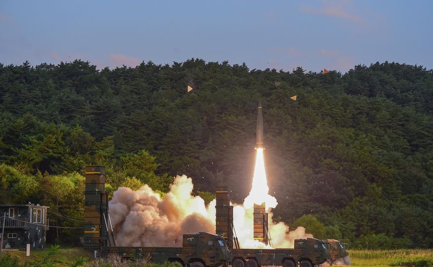 In this Monday, Sept. 4, 2017, file photo provided by South Korea Defense Ministry, South Korea's Hyunmoo II ballistic missile is fired during an exercise at an undisclosed location in South Korea. South Korean warships have conducted live-fire exercises at sea. The drills Tuesday, Sept. 5, mark the second-straight day of military swagger from a nation still rattled by the North's biggest-ever nuclear test. (South Korea Defense Ministry via AP, File)