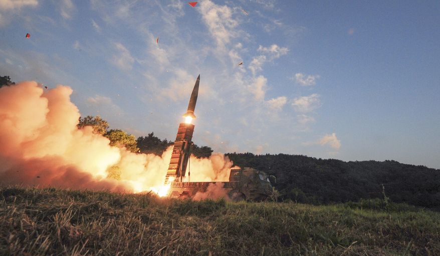In this photo on Monday, Sept. 4, 2017, file photo provided by South Korea Defense Ministry, South Korea's Hyunmoo II ballistic missile is fired during an exercise at an undisclosed location in South Korea. (South Korea Defense Ministry via AP, File)