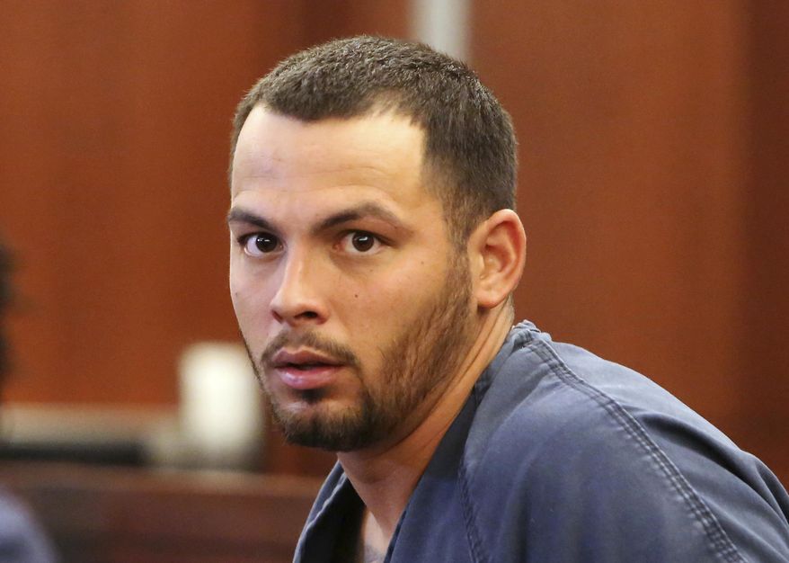 FILE - In this May 10, 2017, file photo, James Beach, who is charged with murder in the death of Luis Campos, who died after being sucker punched outside the Vanguard Lounge, makes a court appearance at the Regional Justice Center in Las Vegas. Beach pleaded not guilty to killing a California man with a single punch outside a downtown Las Vegas bar, and a judge set trial to begin Oct. 2, 2017. (Bizuayehu Tesfaye/Las Vegas Review-Journal via AP, File)