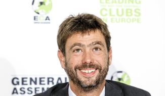 The new chairman of the European Club Association, ECA, Italy&#39;s Andrea Agnelli attends a news conference after the plenary general assembly of the European Club Association, ECA, in Geneva, Switzerland, Tuesday, Sept. 5, 2017. (Salvatore Di Nolfi/Keystone via AP)