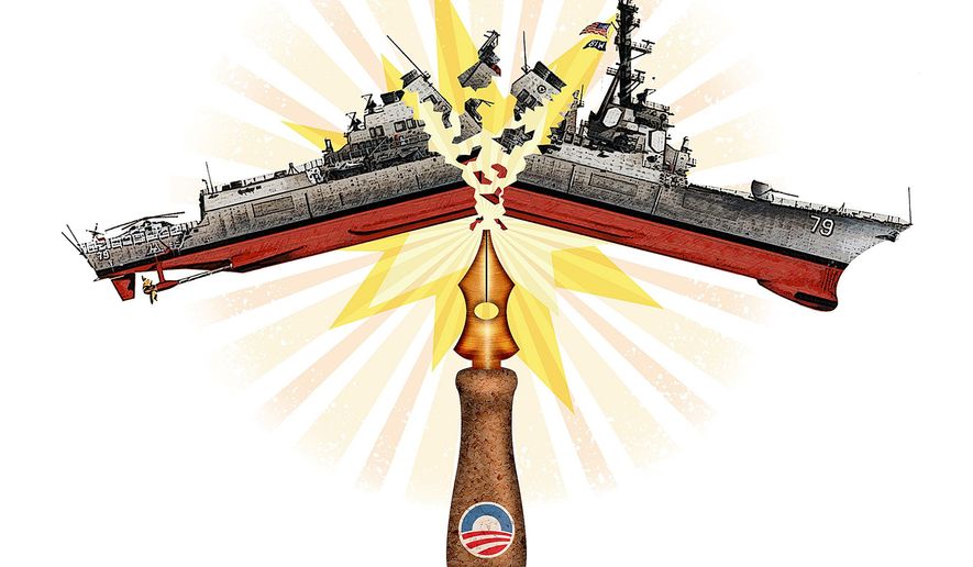 Illustration on Obama&#39;s destructive impact on the U.S. Navy by Greg Groesch/The Washington Times