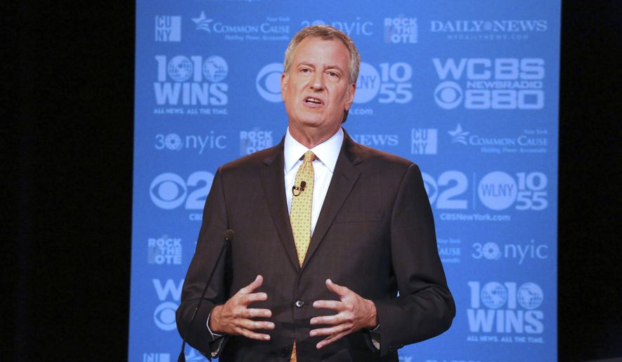 New York Mayor Bill de Blasio participates in the 2nd mayoral debate at the CUNY Graduate Center on Wednesday, Sept. 6, 2017. (Jefferson Siegel/New York Daily News/POOL)