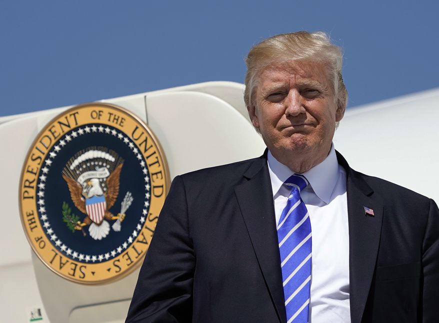 President Donald Trump during his arrival at Bismarck Municipal Airport, Wednesday, Sept. 6, 2017 in Bismarck, N.D. Trump is in North Dakota to promote his tax overhaul plan. (AP Photo/Pablo Martinez Monsivais)