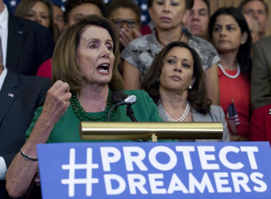 House Minority Leader Nancy Pelosi, California Democrat, called President Trump's phaseout of Deferred Action for Childhood Arrivals "brainless." Hours later, she met with the president, who said he thinks he and Democrats can strike a deal so Dreamers facing the possibility of deportation "don't have to worry about it anymore." (Associated Press)