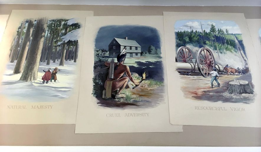 In this Tuesday, Aug. 29, 2017 photo, a mural that includes an image, center, of a Native American and inscribed with the words "Cruel Adversity" hangs in the Durham, N.H., post office. Critics have called the image demeaning to Native Americans and demanded it be removed. The town has called for the post office to include language into the mural that puts the image into context. (AP Photo/Michael Casey).