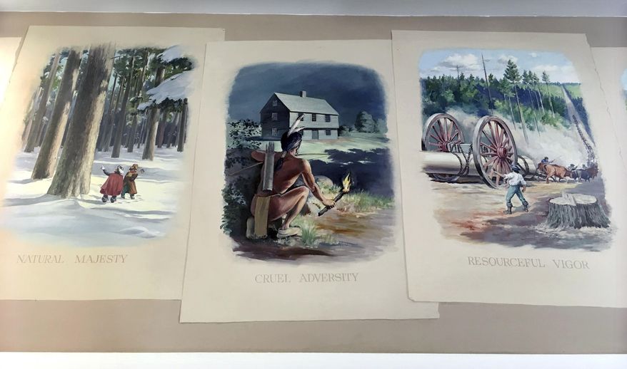 In this Tuesday, Aug. 29, 2017 photo, a mural that includes an image, center, of a Native American and inscribed with the words "Cruel Adversity" hangs in the Durham, N.H., post office. Critics have called the image demeaning to Native Americans and demanded it be removed. The town has called for the post office to include language into the mural that puts the image into context. (AP Photo/Michael Casey).