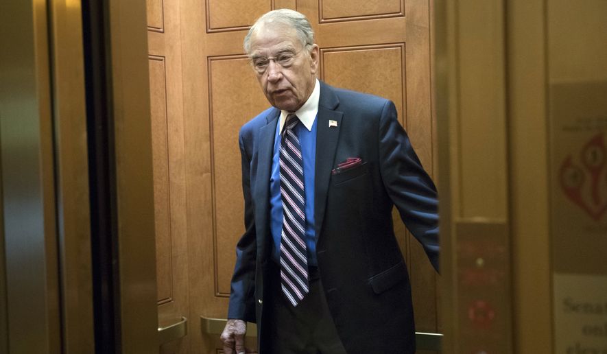 Senate Judiciary Committee Chairman Chuck Grassley, R-Iowa, arrives at the Capitol as his panel prepares to interview Donald Trump Jr., behind closed doors about the meddling and possible Russian links to President Donald Trump&#39;s 2016 presidential campaign, in Washington, Thursday, Sept. 7, 2017. Trump Jr. released a series of emails in July that detailed preparations for a June 2016 meeting with a Russian lawyer and others where he was expecting to get damaging information about Democratic candidate Hillary Clinton. (AP Photo/J. Scott Applewhite)