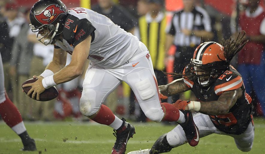 FILE - In this Aug. 26, 2017, file photo, Tampa Bay Buccaneers quarterback Ryan Fitzpatrick (14) is sacked by Cleveland Browns' Calvin Pryor (25) during the fourth quarter of an NFL preseason football game in Tampa, Fla. The Browns have released safety Calvin Pryor after he was involved in a fight with wide receiver Ricardo Louis before practice Thursday, Sept. 7, 2017. (AP Photo/Phelan Ebenhack, File)