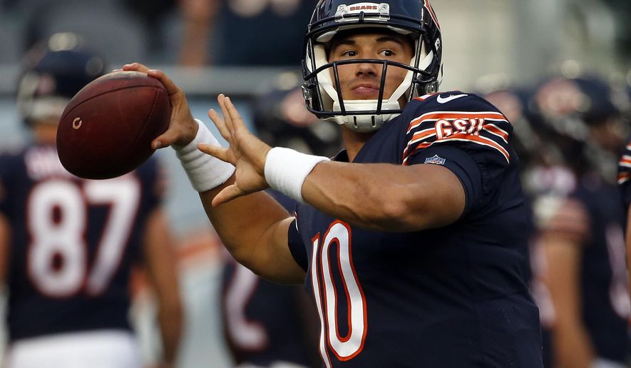 FILE - In this Thursday, Aug. 31, 2017, file photo, Chicago Bears quarterback Mitchell Trubisky (10) warms up before an NFL football game against the Cleveland Browns, in Chicago. Coming off an epic Super Bowl collapse, the Atlanta Falcons are eying big things starting with their opener against the Bears on Sunday, Sept. 10. (AP Photo/Nam Y. Huh, File)