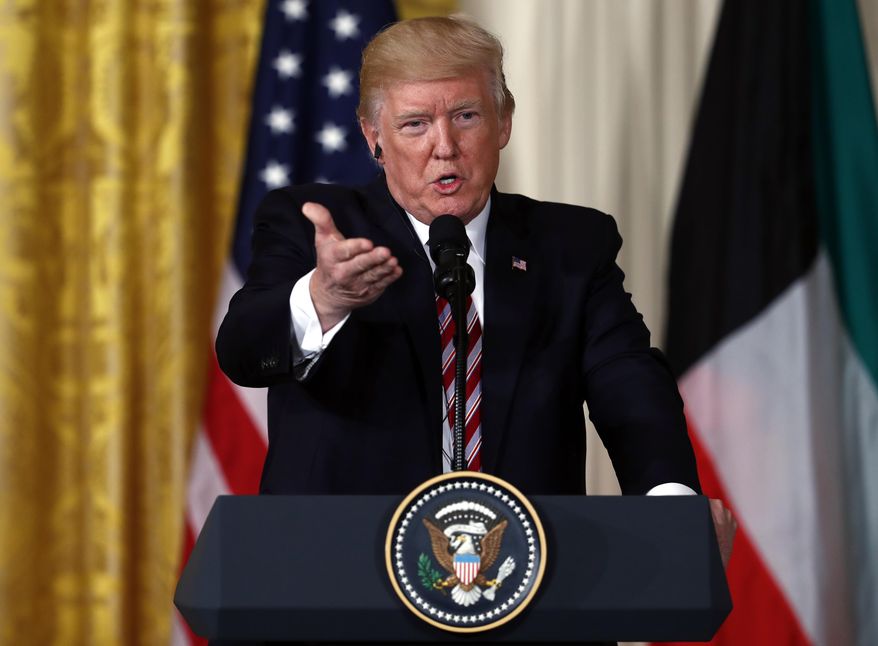 President Donald Trump speaks during a news conference with Kuwait leader Sheikh Sabah Al Ahmad Al Sabah in the East Room of the White House in Washington, Thursday Sept., 7, 2017. (AP Photo/Carolyn Kaster)