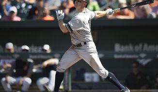 New York Yankees&#39; Brett Gardner connects for a double against the Baltimore Orioles in the fourth inning of a baseball game, Thursday, Sept. 7, 2017, in Baltimore. (AP Photo/Gail Burton)