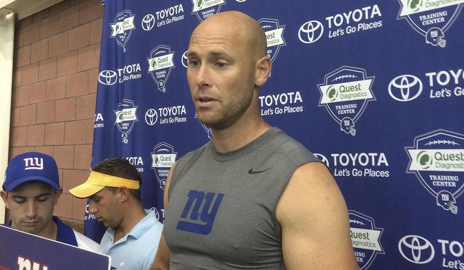 FILE - In this Aug. 18, 2016, file photo, New York Giants&#x27; Josh Brown speaks with reporters at NFL football teams training camp in East Rutherford, N.J. The NFL suspended former New York Giants kicker and current free agent Josh Brown for six games, a person familiar told The Associated Press on Friday, Sept. 8, 2017. The decision to extend the ban follows a league review of Brown&#x27;s repeated abuse of his former wife while they were married. The person spoke on condition of anonymity because the NFL had not released its ruling. (AP Photo/Tom Canavan, File)