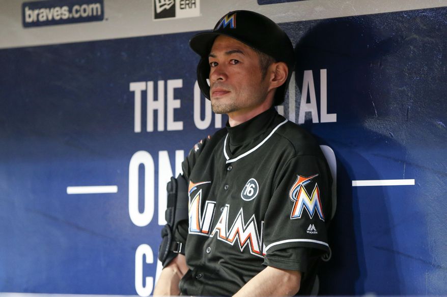 Miami Marlins' Ichiro Suzuki sits in the dugout in the sixth inning of a baseball game against the Atlanta Braves, Thursday, Sept. 7, 2017, in Atlanta. (AP Photo/Brett Davis)