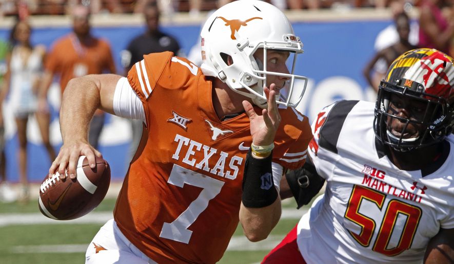 FILE - In this Sept. 2, 2017, file photo, Texas quarterback Shane Buechele (7) runs the ball against Maryland linebacker Mbi Tanyi (50) during the first half of an NCAA college football game in Austin, Texas. Buechele has not thrown in practice this week because of a bruised shoulder and coach Tom Herman said his status for the game against San Jose State will be a game-day decision. (AP Photo/Michael Thomas, File)
